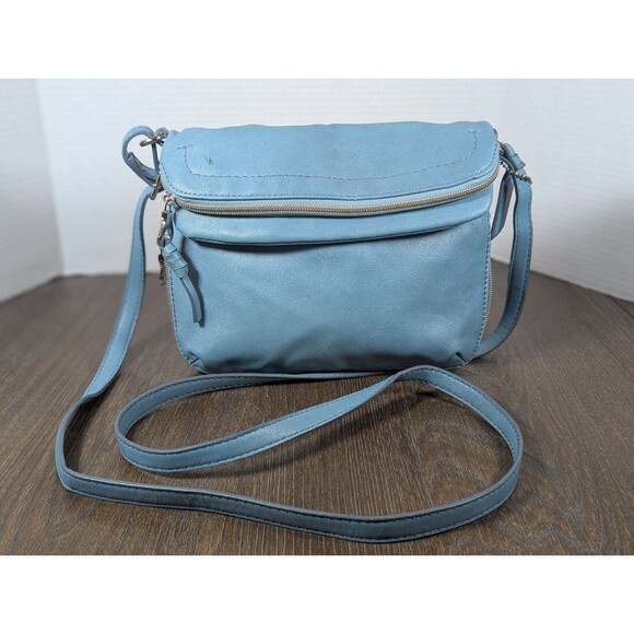 RELIC Cora Leather Expandable Crossbody Bag Purse Double Zip Baby Blue Key Chain - Picture 1 of 12